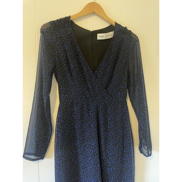 Fame & Partners Dotted Jumpsuit V-Neck Black/Blue Long Sleeve Wide Leg Size 2 - Picture 5 of 11